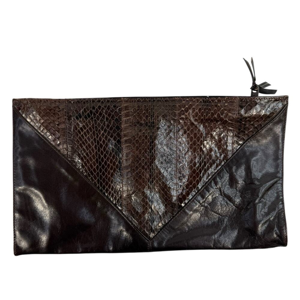VTG M.F. Marangi Chocolate Brown Leather Snake Skin Clutch Bag Purse Zip Italy